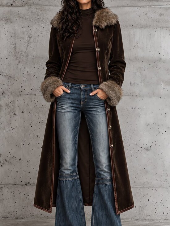 Jackets & Blazers - Coffee Brown Women's Elegant Faux Suede Long Regular Fit Coat